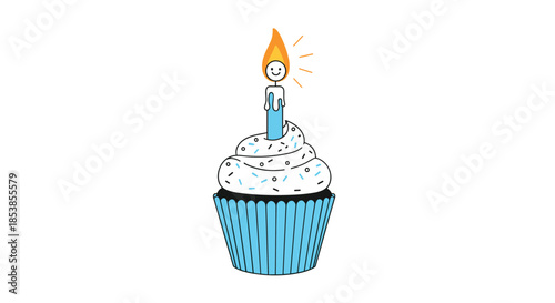 Festive chocolate cupcake with white frosting and a single lit candle featuring a smiling face for a birthday celebration design.