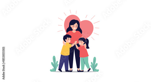 Heartwarming illustration of a happy mother embracing her two children with a large pink heart in the background for family theme.