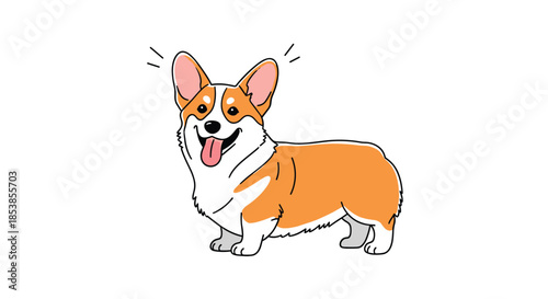 Happy welsh corgi dog standing with its tongue out and ears perked up in a cute and colorful cartoon character illustration.