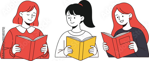 Young women reading books together cartoon illustration representing education learning study and knowledge isolated on white background flat design