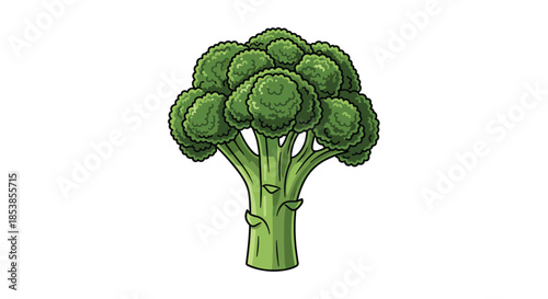 Healthy head of fresh green broccoli with a thick stalk and many florets depicted in a detailed flat color vector illustration.