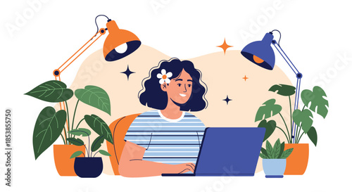 Cheerful young woman working on her laptop at a cozy desk filled with multiple green potted plants and table lamps.