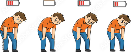Tired man with low battery levels cartoon illustration showing exhaustion energy loss and burnout stages isolated on white background