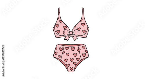 Fashionable high-waisted pink bikini set adorned with a sweet heart pattern and a large decorative bow on the top.