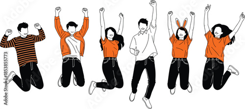 Happy young people jumping together celebrating success and freedom modern flat illustration isolated on white background youth lifestyle concept