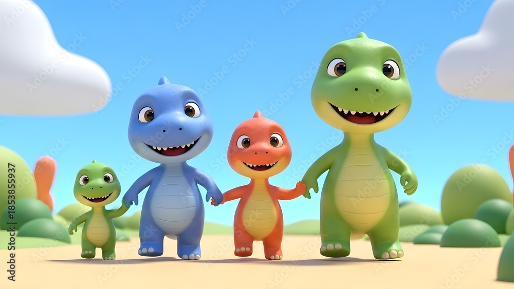Fototapeta premium Cartoon dinosaurs standing together happily outside.
