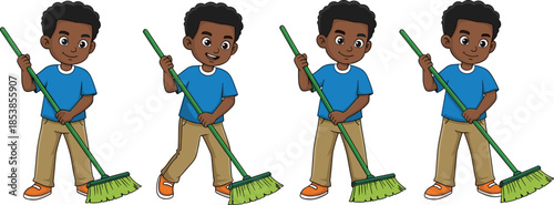 Cute boy sweeping floor step by step cartoon illustration showing cleaning routine isolated on white background flat design character