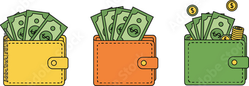 Colorful wallets filled with cash and coins cartoon illustration representing savings finance money management isolated on white background flat design