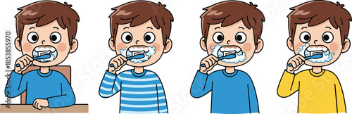 Cute boy brushing teeth step by step cartoon illustration showing dental hygiene routine isolated on white background flat design