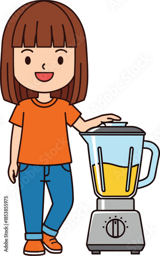 Smiling girl using blender making healthy juice cartoon illustration isolated on white background flat design kitchen appliance character