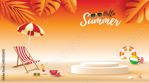 Summer beach background with tropical leaves, beach chair, umbrella, lifebuoy and podium display. Hello Summer concept for promotion, product showcase and vacation design.
