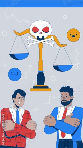 Conflict and moral balance with skull scales mixed media vertical animation. Workplace ethical dilemma. Leaders superior argument animated collage 2D concept 4K video stop motion for social media reel