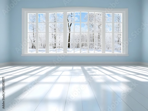 Empty room with large window and snowy landscape outside.