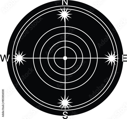 Black and White Circular Compass Navigation Icon with North South East and West Directions Featuring Concentric Rings and Sparkling Stars