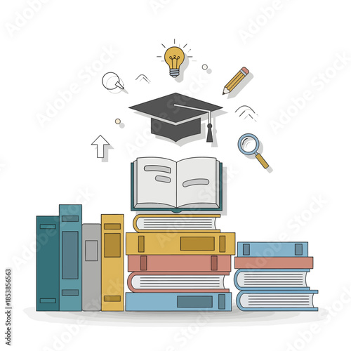 Stack of Books with Graduation Cap and Educational Symbols.