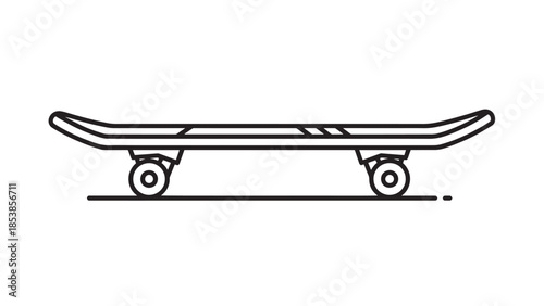 Minimal line drawing of a skateboard resting on its wheels with a sleek deck.