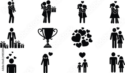 Love and family silhouette icons set showing couples, parents, children, hearts, gifts, relationships, celebration symbols isolated black vector illustration