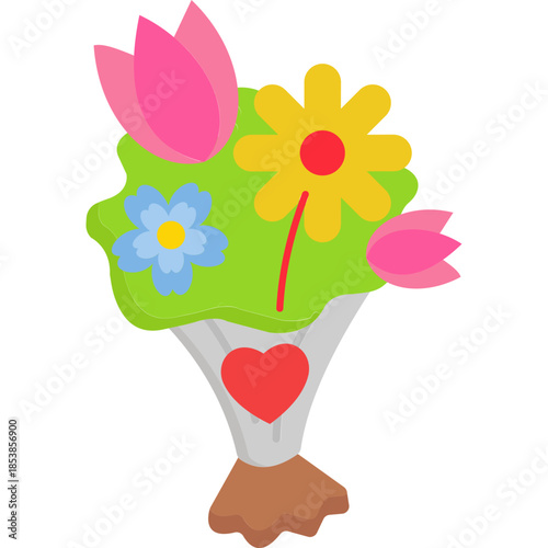 Bouquet Icon Flat Style – Valentine’s Day Love, Romantic Flowers, Gift Symbol