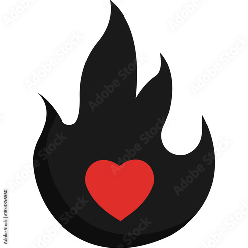 Heart on Fire Icon Flat Style – Valentine’s Day Passion, Romantic Love, Flaming Heart Symbol