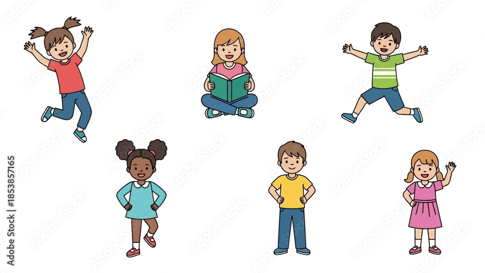 Naklejka premium Diverse group of happy children playing and reading together