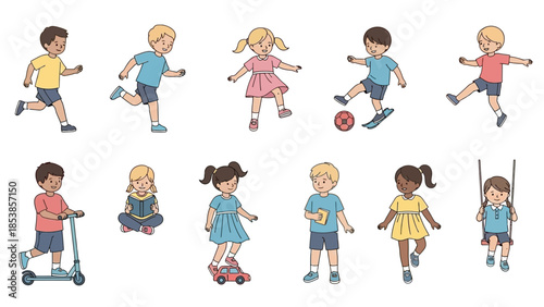 Happy children playing and learning in various fun activities