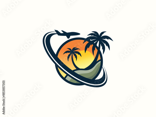 Palm tree and sunset, beach logo design vector template