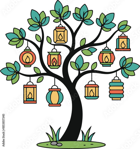 Decorative lantern tree vector illustration. A stylized black tree with green geometric leaves adorned with colorful hanging paper lanterns containing glowing candle flames.