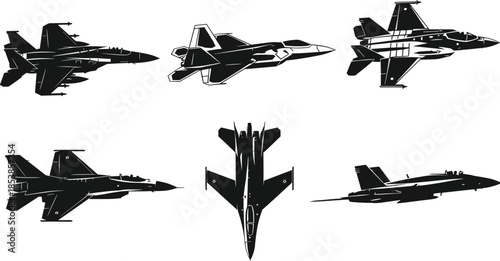 Modern military fighter jet silhouettes set featuring stealth aircraft combat planes aviation defense technology black vector illustration collection isolated design