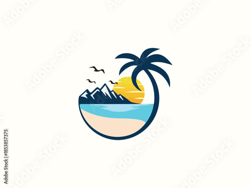 Palm tree and sunset, beach logo design vector template