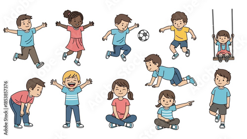 Diverse kids playing and having fun in various joyful activities together