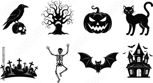 Halloween spooky silhouette icons set featuring pumpkin crow bat cat haunted house cemetery tree skeleton black vector illustration