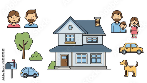 Happy family with home and possessions illustration