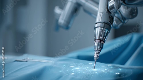 Surgical Precision: A cutting-edge robotic arm poised to perform a delicate surgical procedure, showcasing the precision and technological advancement in modern medicine.