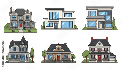 Collection of modern and traditional houses with various architectural styles