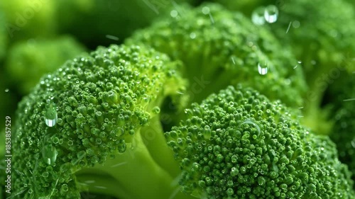 Broccoli Bliss: Fresh, vibrant broccoli florets glistening with droplets, offering a close-up glimpse of nature's bounty and culinary potential.