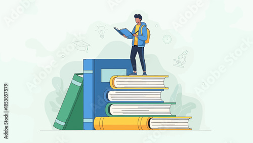 Student standing on stack of books reading.