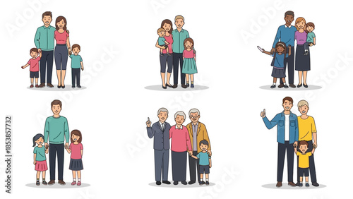 A diverse group of cartoon families standing together in various poses