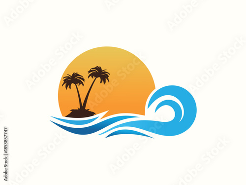 Palm tree and sunset, beach logo design vector template