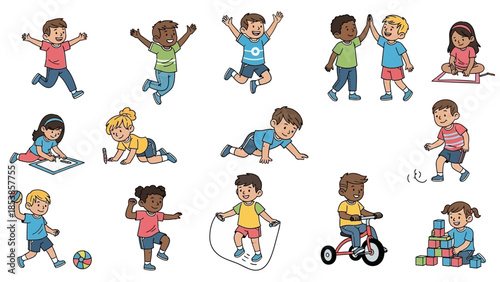 A group of diverse children engaging in various fun physical activities together