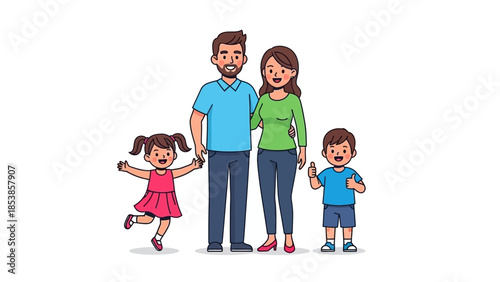 A happy family of four standing together in a cartoon style