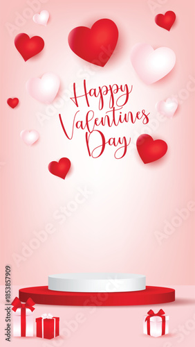 Romantic Valentine’s Day background with red and white hearts, gift boxes, and a podium display. Perfect for love, romance, holiday promotion, and greeting designs.