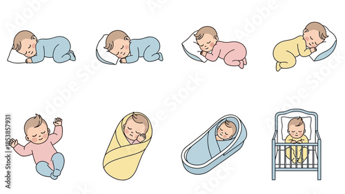 An illustration of a baby in various sleeping and resting positions