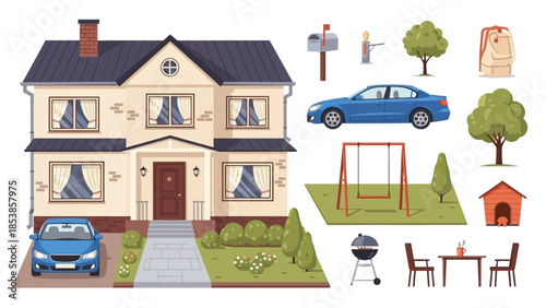 A suburban home with various outdoor items and vehicles illustrated