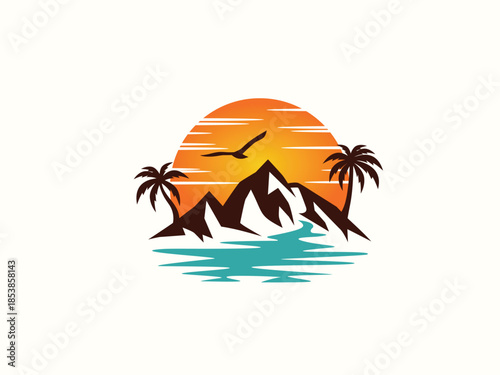 Palm tree and sunset, beach logo design vector template