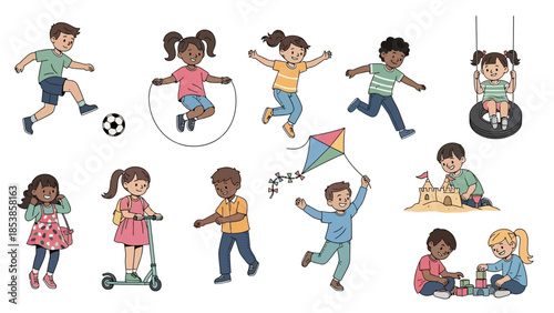 Happy children playing together outdoors with various toys