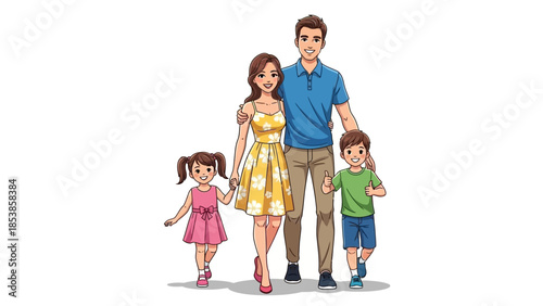 Happy family of four walking together in casual summer clothes