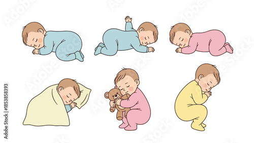 Adorable baby sleeping positions with teddy bear and blanket