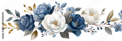 Elegant Collection of White and Blue Roses with Gold Accents on a Crisp White Canvas