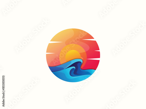 Palm tree and sunset, beach logo design vector template