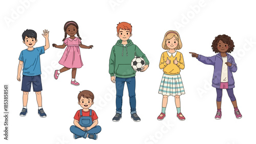 A diverse group of happy children standing together in a line